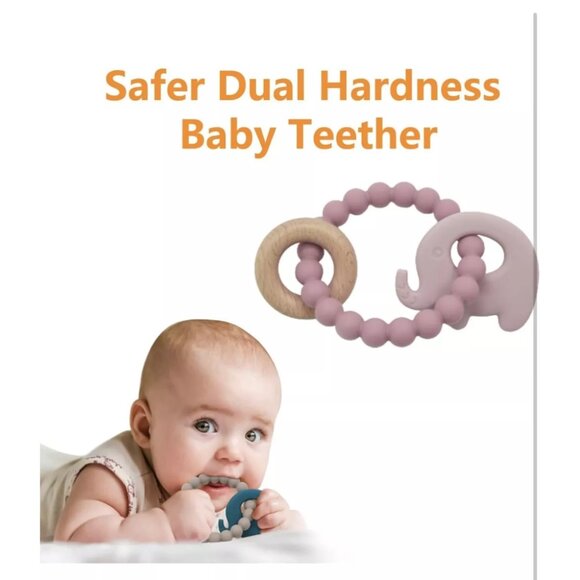 Silicone Baby Teether with Wooden Ring | Dual Hardness | BPA-Free | 2 Pcs - Picture 1 of 6